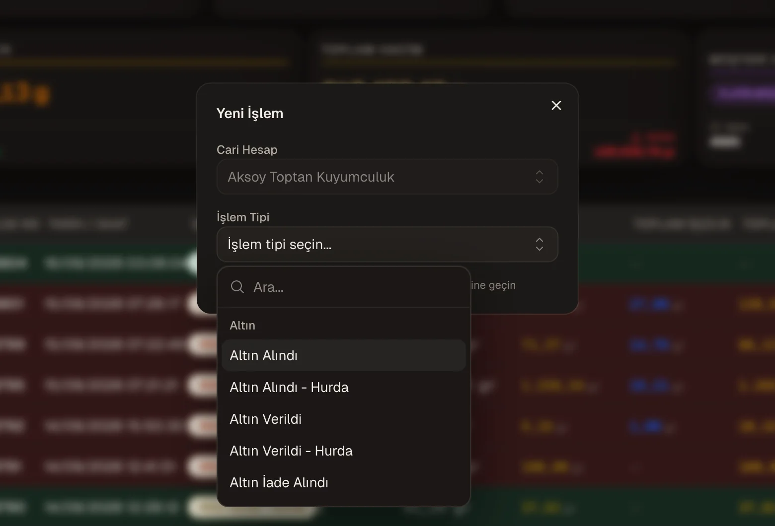 GoldMath yeni işlem penceresi: müşteri seçili, işlem tipi listesi açık